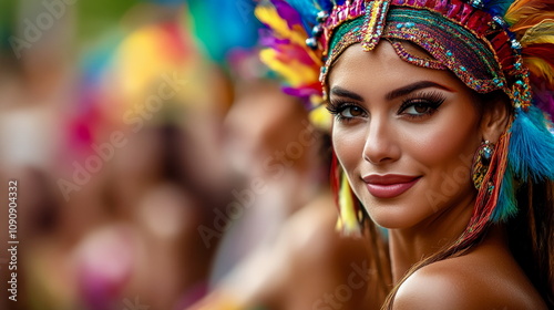 Portrait of a woman in a traditional Carnival headdress at Notting Hill Carnival, celebrating cultural diversity photo