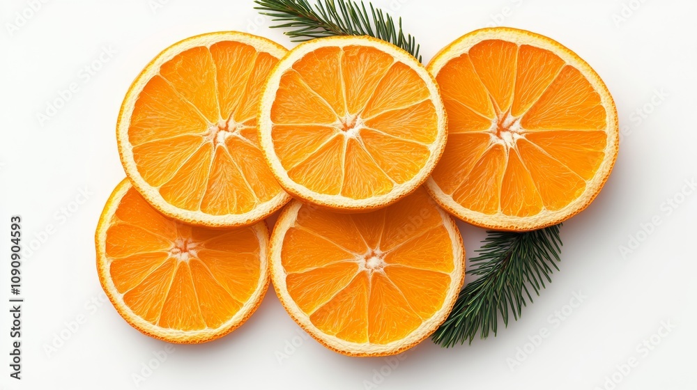 Fototapeta premium A close up of five orange slices on a white background. The slices are arranged in a way that they look like they are on a leaf. Concept of freshness and natural beauty