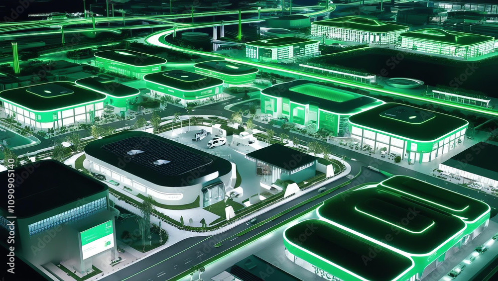 Fototapeta premium smart city glowing green at night, showcasing sustainable architecture and technology, symbolizes net zero urban living with no visible pollution or emissions