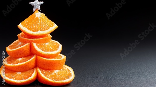 A Christmas tree made out of oranges. The oranges are cut in half and arranged in a pyramid shape photo