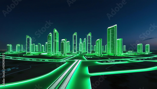 smart city glowing green at night, showcasing futuristic architecture and sustainable design, symbolizes net zero urban living with no visible pollution photo