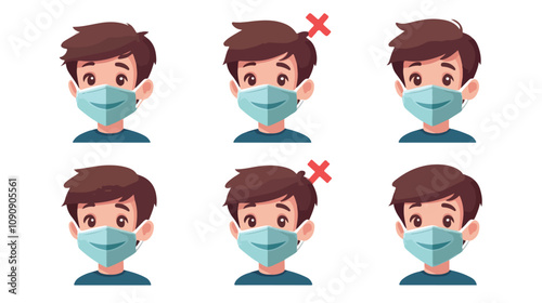 Medical Mask on Face Flat Cartoon Icon Vector