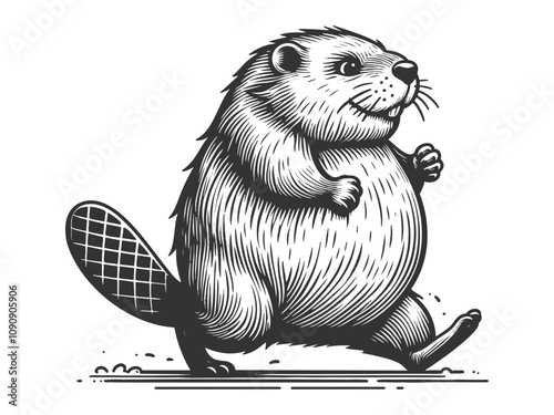 beaver walking in a lively, cheerful manner, featuring a detailed tail and cartoonish style sketch engraving generative ai vector illustration. Scratch board imitation. Black and white image.