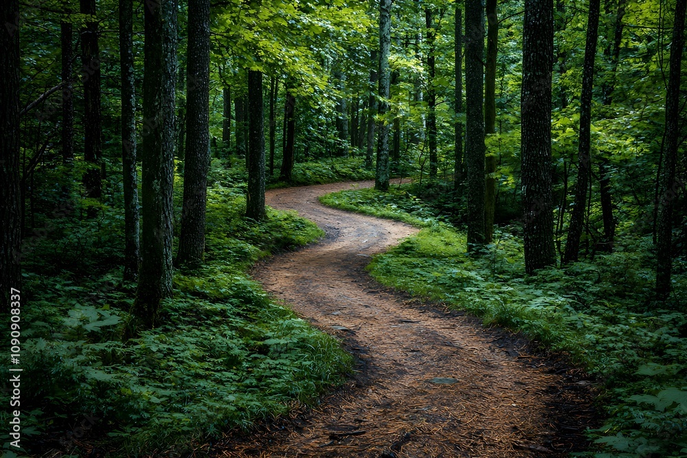 Serene winding path through a lush green forest landscape Serene winding path through a lush green forest landscape