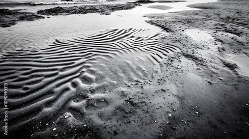 A Scenic View of Intricate Sand Patterns After the Tide Recedes, Showcasing Nature's Artistic Touch along the Shore