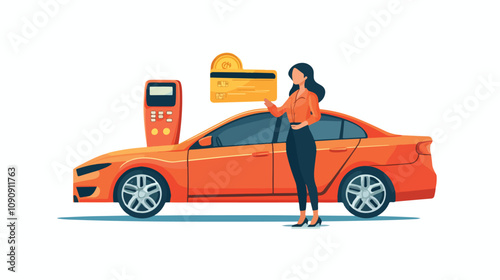Woman Making Payments in Car Concept with Banking Technology