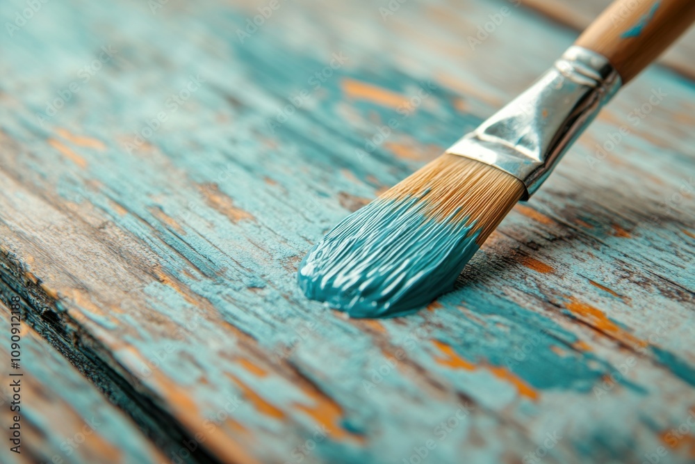 Fototapeta premium A paintbrush is dipped into a blue and yellow paint, creating a splash of color on a wooden surface. The brush strokes are bold and confident, suggesting a sense of creativity and artistic expression