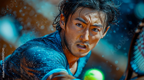 A determined tennis player lunges to return a ball in a vibrant clay court setting, showing skill and concentration during the match photo