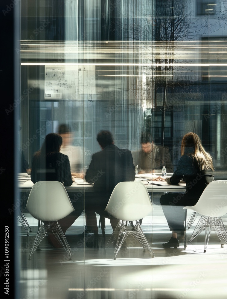 Obraz premium A group of people are sitting around a table in a conference room. The people are focused on their work. Business background