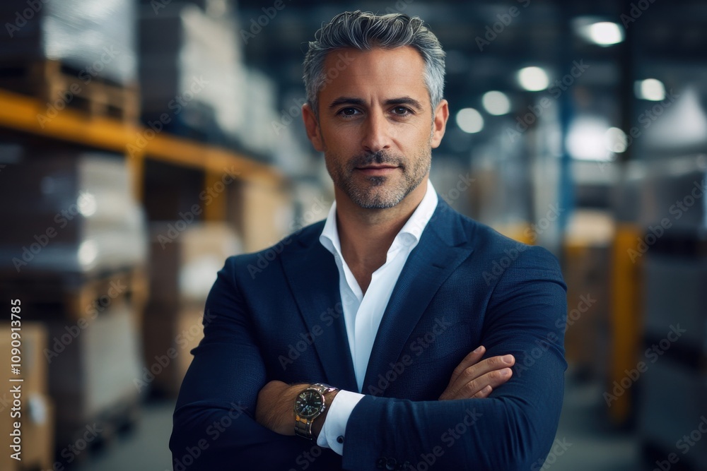Fototapeta premium A man in a suit and tie stands in front of a warehouse. He is wearing a watch and has his arms crossed