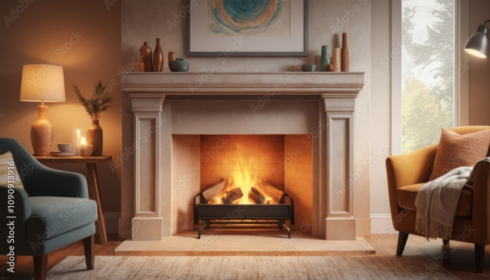 Fototapeta premium Elegant living room featuring a fireplace with glowing flames and stylish furniture