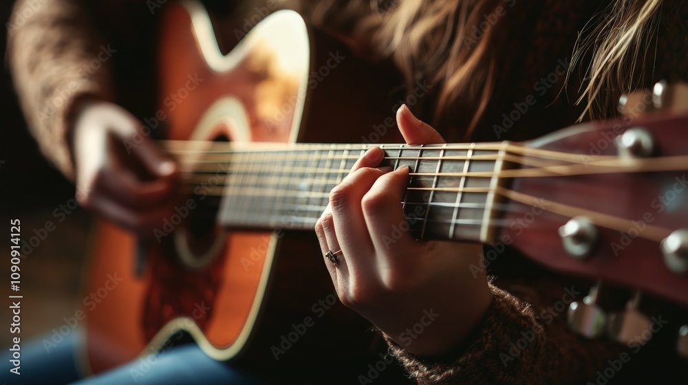Obraz premium A close-up of a person learning to play the guitar, focusing on their hands as they practice finger placement on the strings
