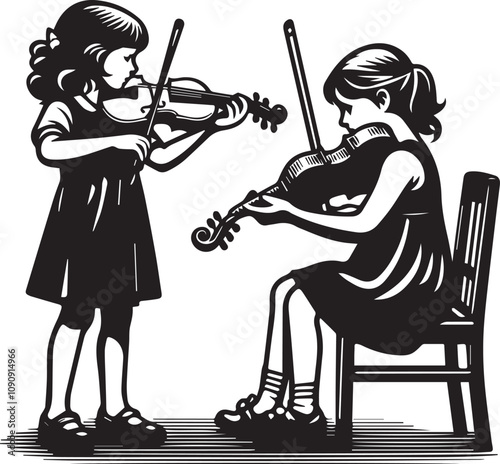 Young Violinist Practicing with Devoted Concentration. A black and white illustration of a young boy seated on a chair, playing the violin.