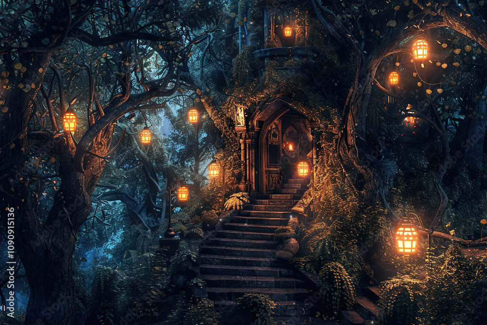 Fototapeta premium Fantastically door in wild forest leading to deep unknown