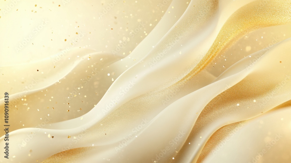 A gold and white fabric with a lot of glitter on it. The fabric is flowing and has a sense of movement. Empty space for logo or text, mockup A gold and white fabric with a lot of glitter on it. The fabric is flowing and has a sense of movement. Empty space for logo or text, mockup