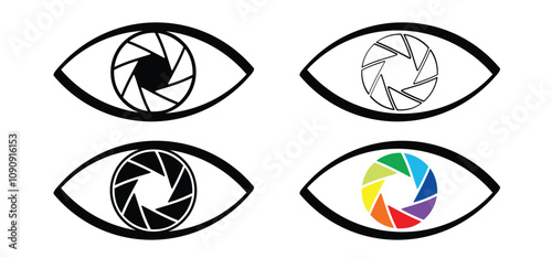 Cartoon aperture eye logo. Shutter aperture in eye icon or pictogram. For Camera zoom objective or lens. Shutter camera aperture lens set. Photography circle open diaphragm. photo camera concept.