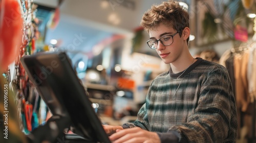 Part-time retail job for teens, high schooler assisting in a clothing or accessory shop.