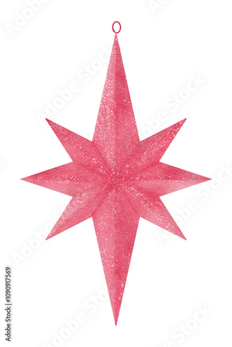 Watercolor Christmas decoration - pink Christmas star with glitter. For Christmas greeting cards, scrapbooking, invitations, wrapping and other design ideas.