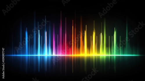 Voice recording studio. A vibrant spectrum of sound waves displayed in colorful vertical bars against a dark background, representing audio frequencies and music visualization.