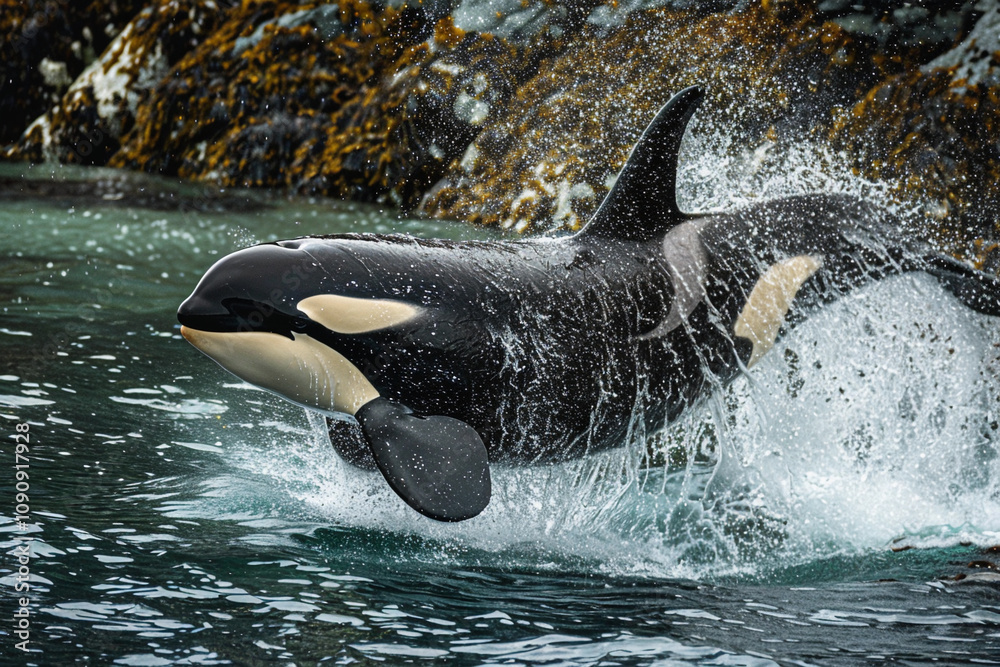 Obraz premium Fantastically beautiful majestic huge whale in deep ocean