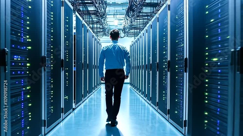 Engineer navigates a futuristic server room, overseeing illuminated racks and intricate wiring, epitomizing the core of data management and cloud technology.