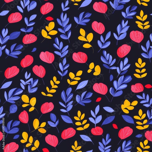 Vibrant Floral Pattern Featuring Red, Yellow, and Purple Leaves on a Black Background, Perfect for Seamless Textile Designs, Contemporary Art, and Seasonal Decoration Projects