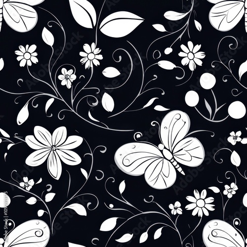 Elegant Black and White Floral Pattern with Delicate Butterflies, Swirling Vines, and Blossoms, Perfect for Seamless Textile Designs, Sophisticated Wallpaper, and Artistic Projects