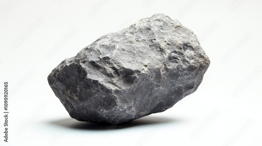 Obraz premium Close-up of a rugged, textured grey rock against a plain white background, showcasing its natural form and rough surface features clearly.