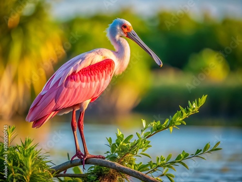 Stunning Roseate Spoonbill in Fort De Soto Park, Florida: A Beautiful Bird in Its Natural Habitat Against a Serene Background with Copy Space for Text photo