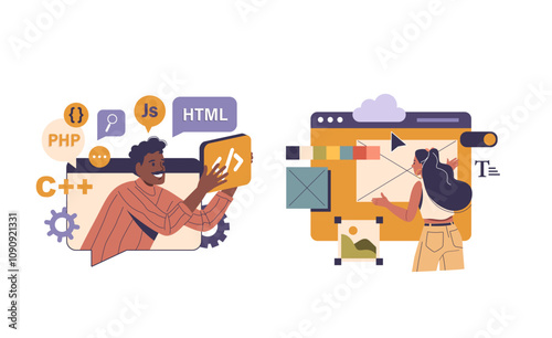 Software programmer and website designer people cartoon character coding language, constructing page