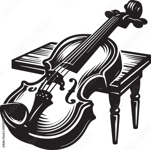 Vintage Violin and Coffee Cup: A Black and White Artistic Still Life. A captivating black and white vintage-style illustration of a violin resting on a wooden surface.