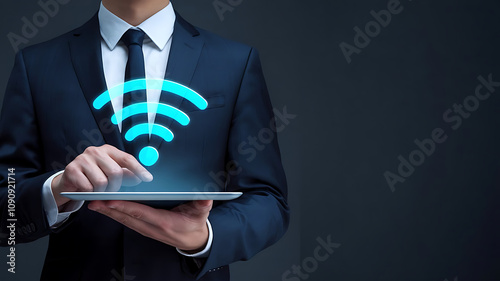 Wi-Fi, Businessman holding a tablet with holograph symbol of wifi,wifi symbol, wireless internet concept in busineess, Wireless Internet Concept photo