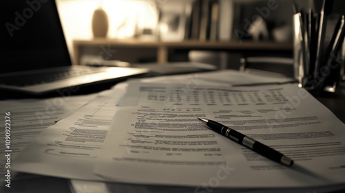 A workspace scene with documents, a pen, and a laptop, suggesting organization and productivity.