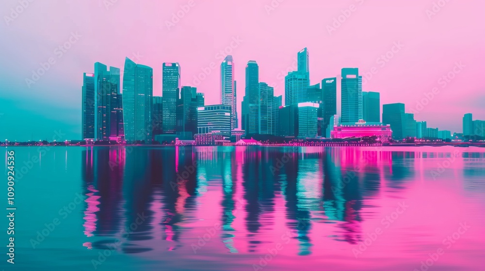 Fototapeta premium Vibrant city skyline reflected in water at dusk.