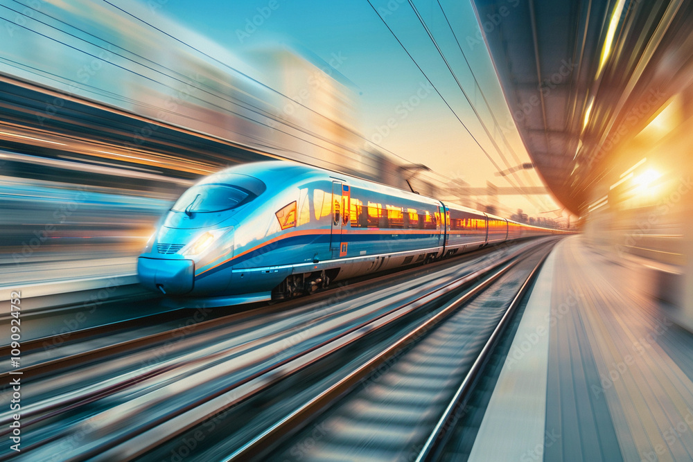 Modern high-speed train in fast motion passes through railway stations Modern high-speed train in fast motion passes through railway stations