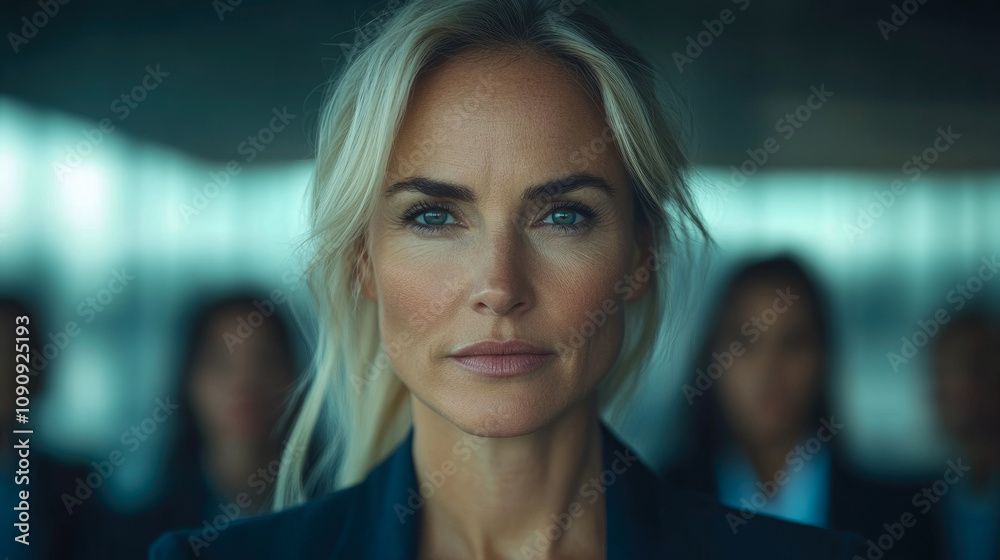 Fototapeta premium A professional woman exudes confidence as she leads a team in a contemporary office, showcasing strong leadership and commitment