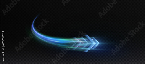 Light effect of technological high-speed movement of the arrow of light speed bright glow on transparent background. Dynamic movement of the arrow of energy of light of high speed.