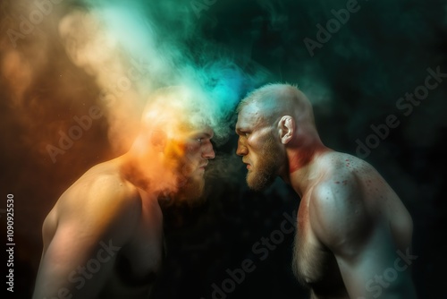 Two UFC fighters facing each other very closely in the ring. Looking at each other angry. Screaming at each other. Effects with lights and smoke. CInematic, artistic, setup. photo