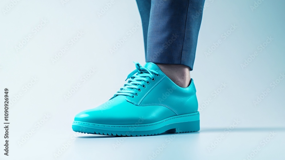 Bright turquoise shoe displayed on a model's foot against a minimalistic backdrop, showcasing modern and sleek design elements. Generative AI Bright turquoise shoe displayed on a model's foot against a minimalistic backdrop, showcasing modern and sleek design elements. Generative AI