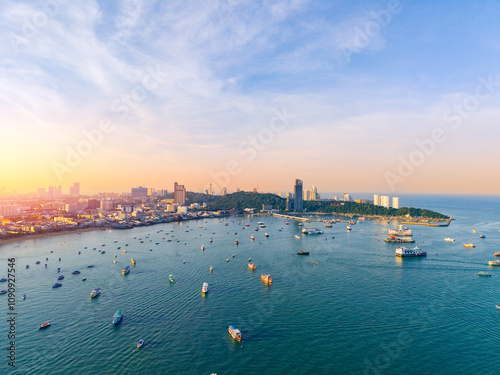 Panorama sunrise city Pattaya. Aerial top view landscape Thailand