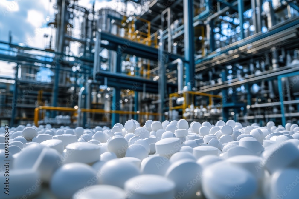 Obraz premium Pharmaceutical manufacturing facility with white tablets on the ground under bright sky