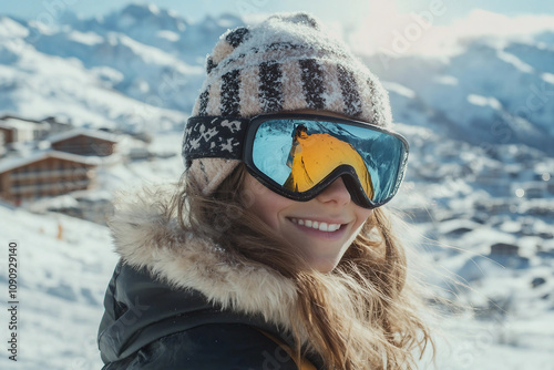 Generative AI portrait of woman at snowy winter resort with ski goggles photo