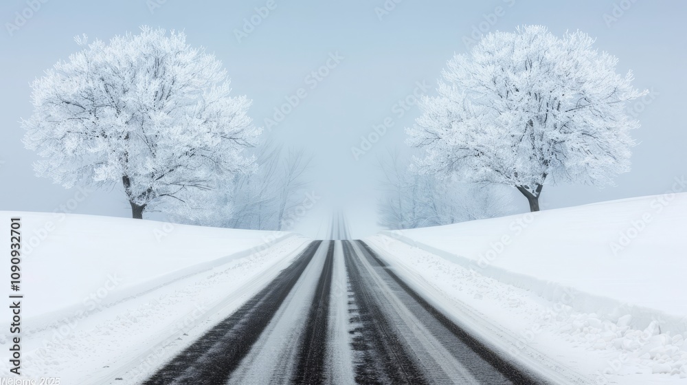 Fototapeta premium Snowy road flanked by frosty trees in winter fog.