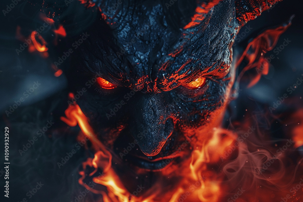 Fototapeta premium Scary sinister devil is in hell with dramatic fire lighting