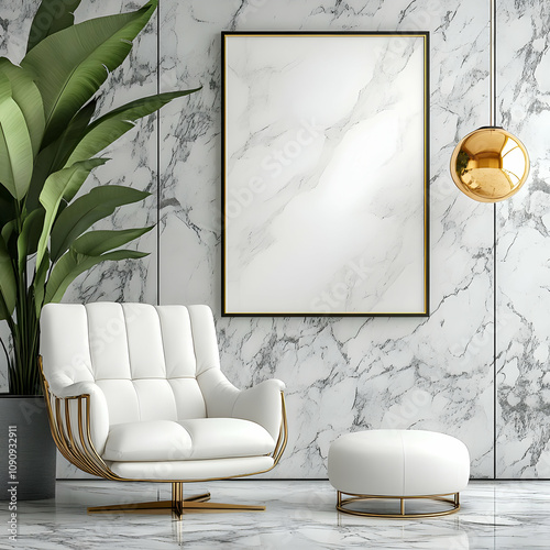 3D Illustration Modern Interior White Armchair, Marble Wall, Gold Accents
