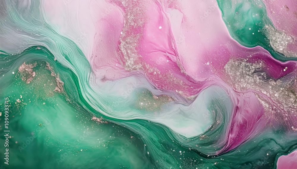 Obraz premium Sparkling fluid. Liquid ink color mix. Blurred magenta green color shiny dust particles acrylic paint swirl water emulsion flow abstract art background.