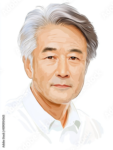 Close up portrait, illustration, of an Asian man nearing or on retirement age, Gen X or Boomer.