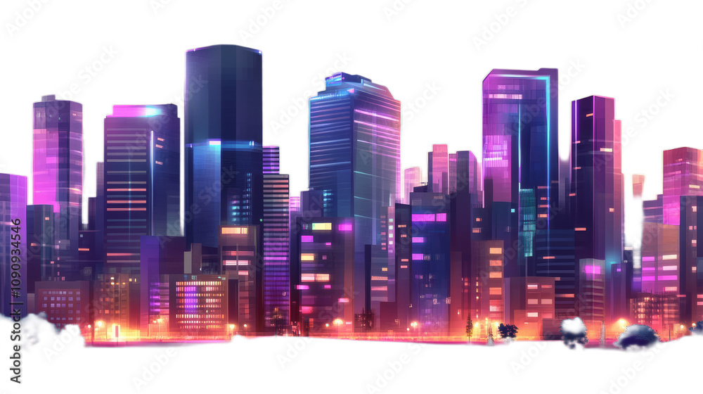 Fototapeta premium An urban landscape with office buildings and skyscrapers on a transparent background.