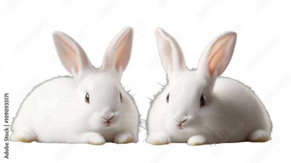 Fototapeta premium Two rabbits with white fur. Cute animals on a transparent background.