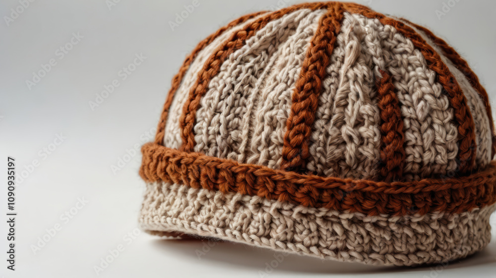 Fototapeta premium Handknitted woolen hat featuring intricate patterns in beige and brown colors, perfect for warmth and style during colder seasons